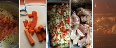Zubereitung Orientalisches Gemüse und Hähnchen aus dem Backofen mit Dattel-Feta-Dip